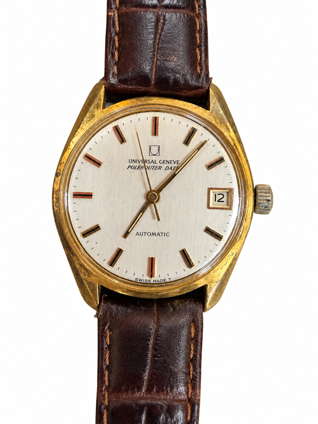 Vintage Universal Genève Polerouter Date Automatic – Gold-Tone – Brown Leather Strap