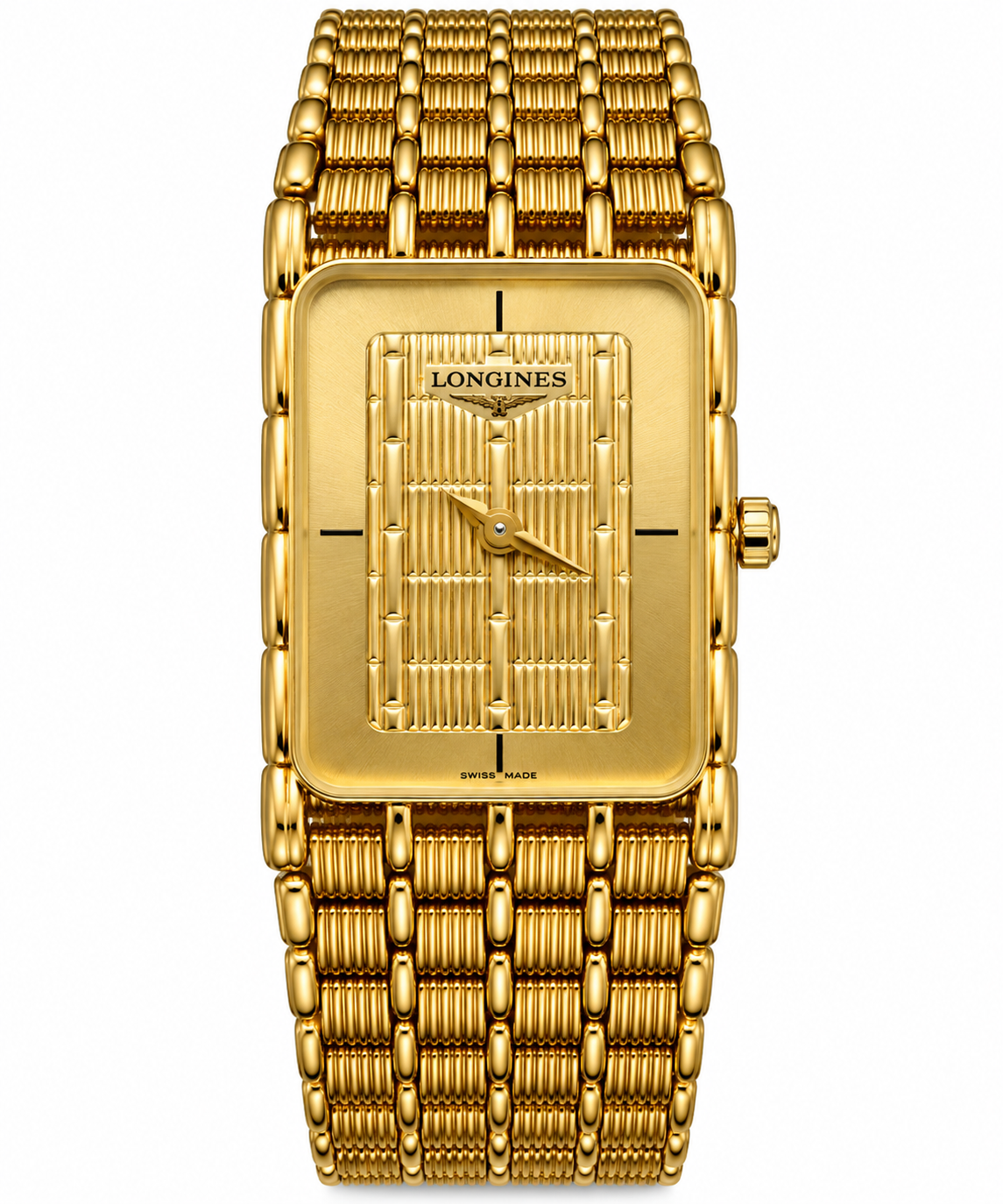 Vintage Longines Gold-Tone Rectangular Watch – Textured Gold Dial – Integrated Bracelet