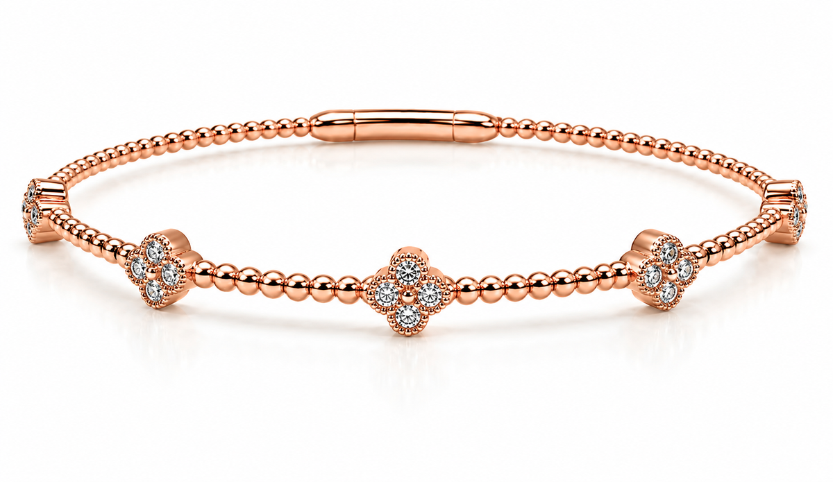 14K ROSE Gold Natural Diamond Clover Bangle Bracelet