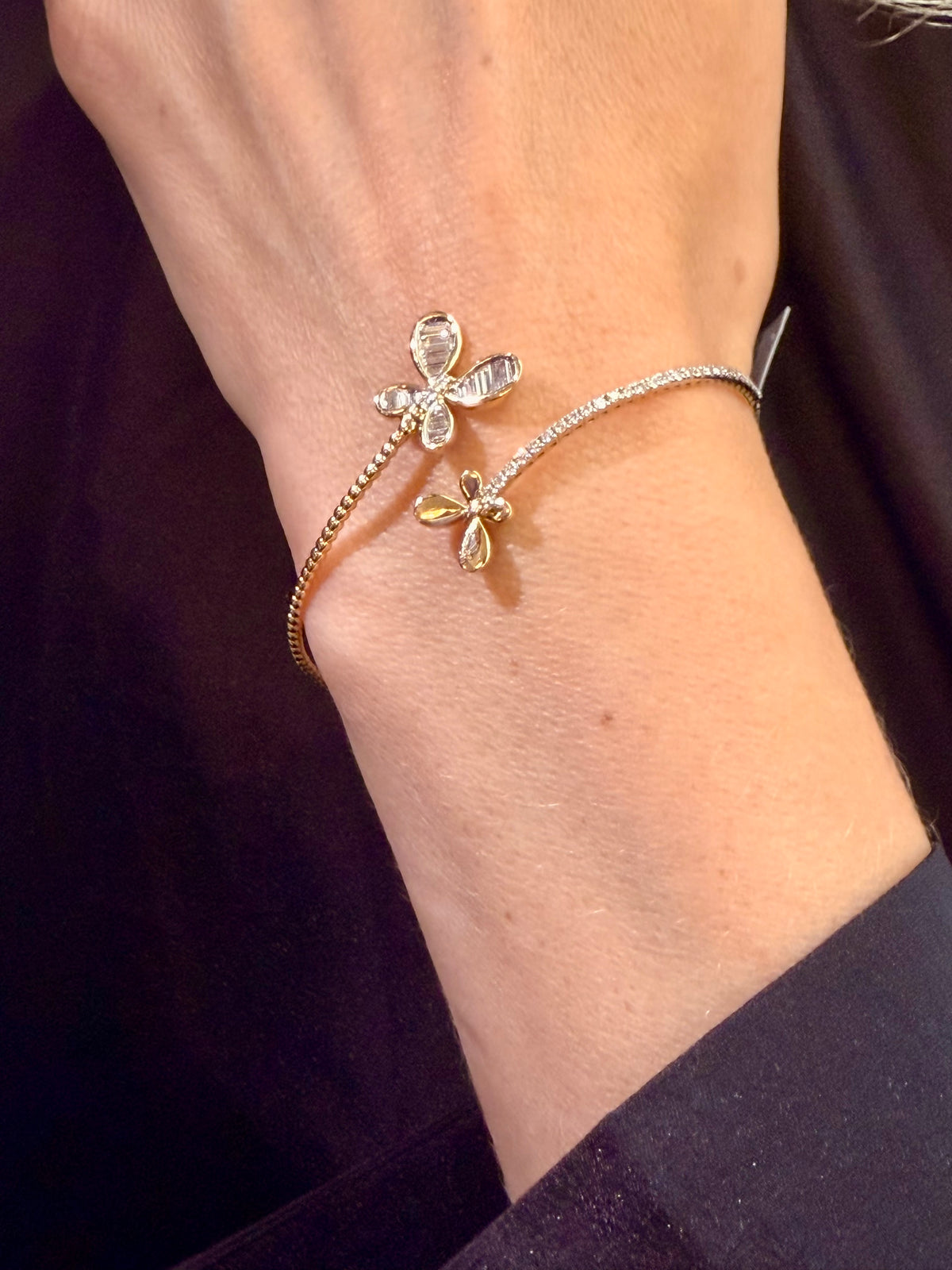 14K Yellow Gold Natural Diamond Flower Open Bangle
