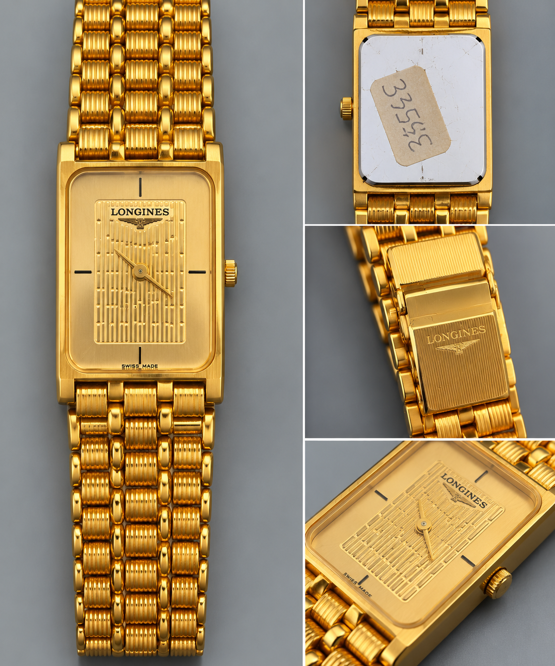 Vintage Longines Gold-Tone Rectangular Watch – Textured Gold Dial – Integrated Bracelet