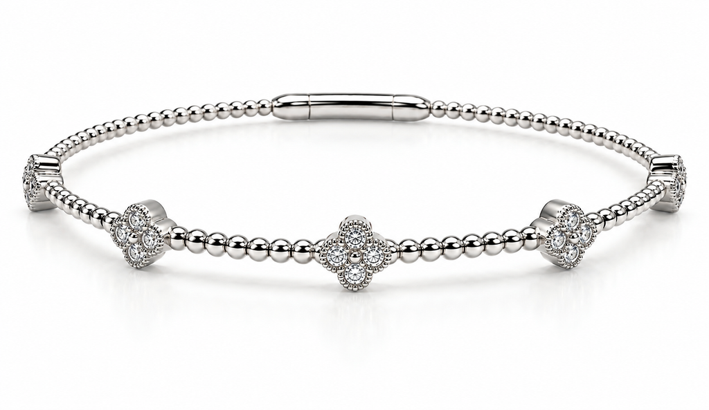 14K White Gold Natural Diamond Clover Bangle Bracelet
