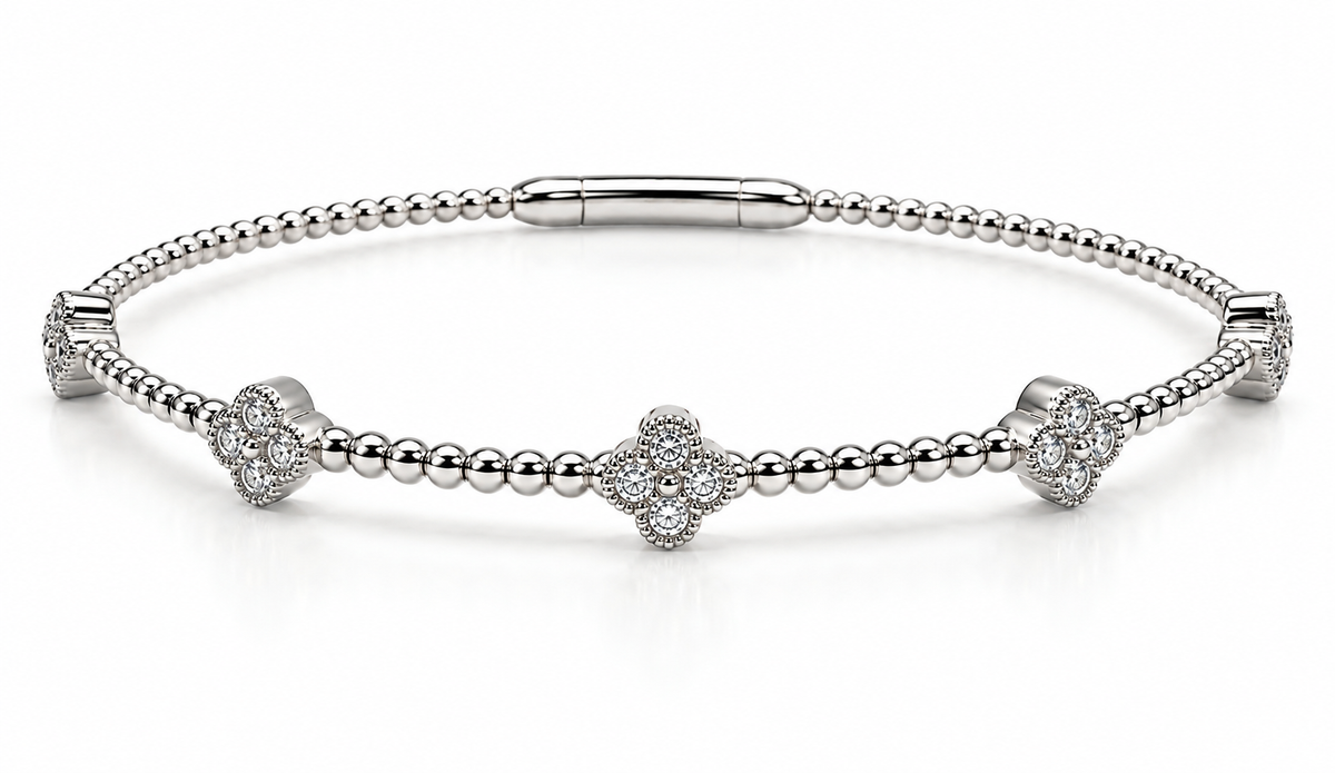14K White Gold Natural Diamond Clover Bangle Bracelet