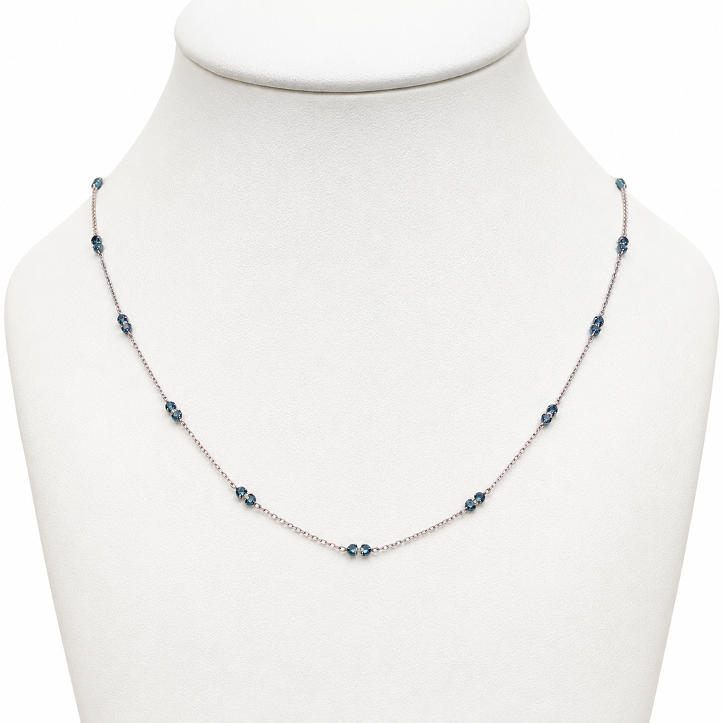 14K White Gold Blue Diamond Beaded Necklace