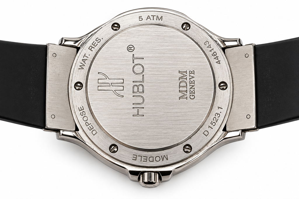 Hublot MDM Genève Classic Stainless Steel Watch – Silver Dial – Black Rubber Strap – Ref. D1523.1