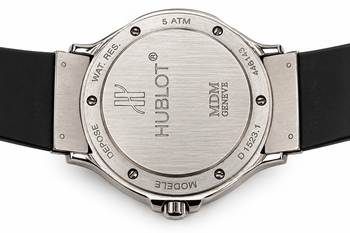 Hublot MDM Genève Classic Stainless Steel Watch – Silver Dial – Black Rubber Strap – Ref. D1523.1