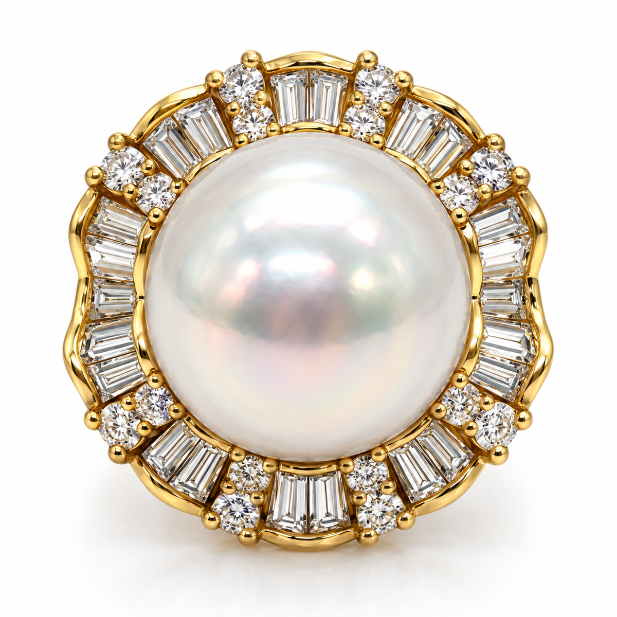 14K Yellow Gold Pearl & Diamond Statement Ring — Size 7