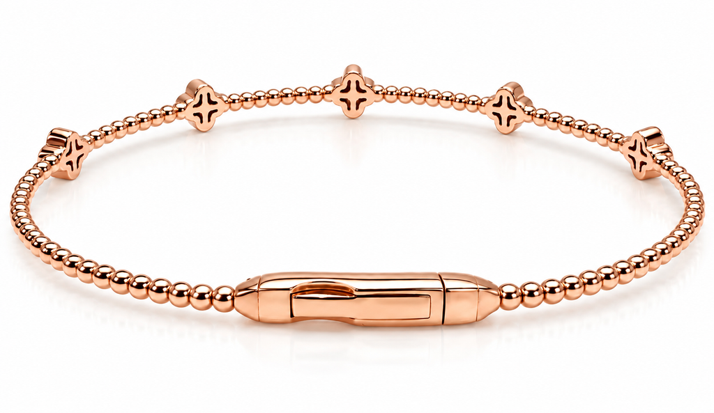 14K ROSE Gold Natural Diamond Clover Bangle Bracelet