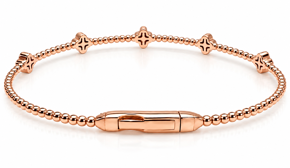14K ROSE Gold Natural Diamond Clover Bangle Bracelet