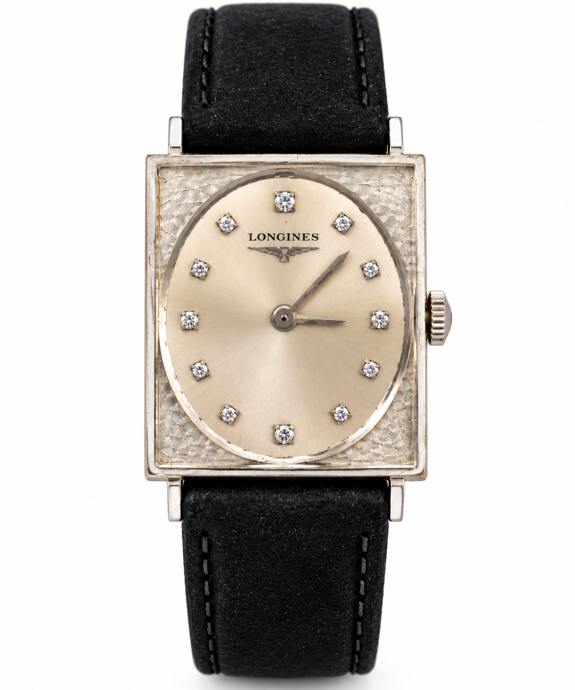 Vintage Longines 14K White Gold Rectangular Watch – Diamond Dial – Black Leather Strap