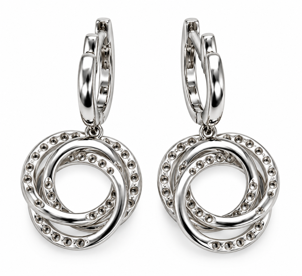 14K White Gold Natural Diamond Interlocking Circle Drop Earrings