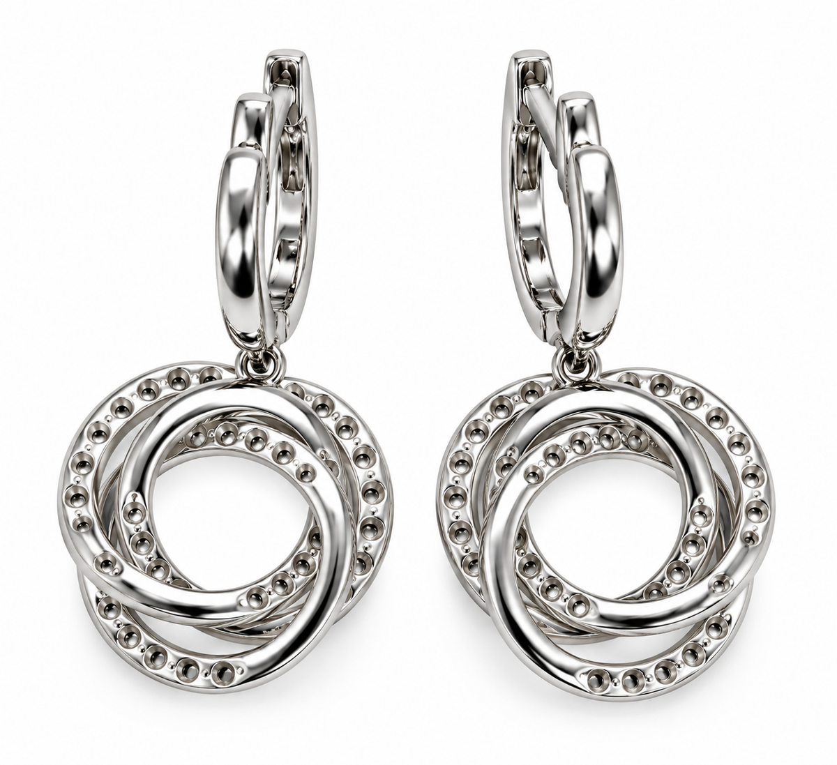 14K White Gold Natural Diamond Interlocking Circle Drop Earrings