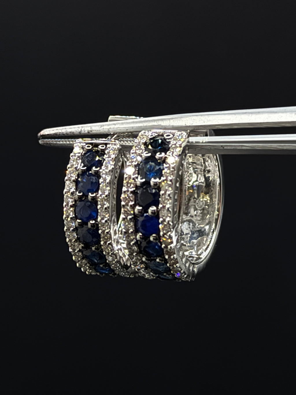 14K White Gold Blue Sapphire & Natural Diamond Earrings