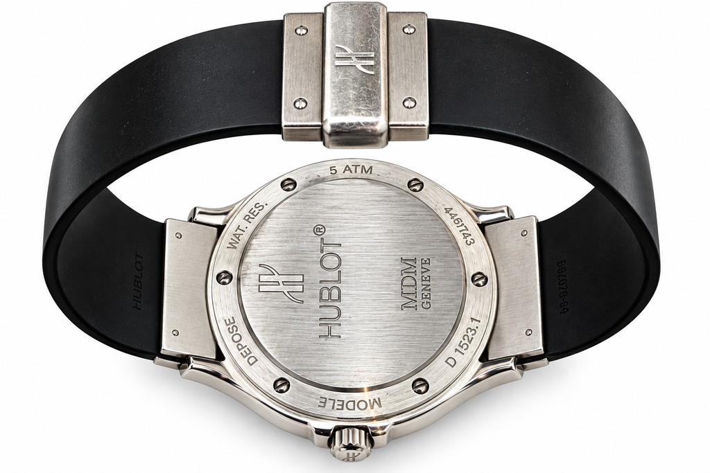Hublot MDM Genève Classic Stainless Steel Watch – Silver Dial – Black Rubber Strap – Ref. D1523.1