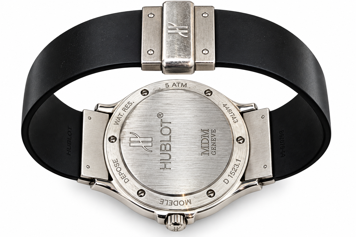 Hublot MDM Genève Classic Stainless Steel Watch – Silver Dial – Black Rubber Strap – Ref. D1523.1