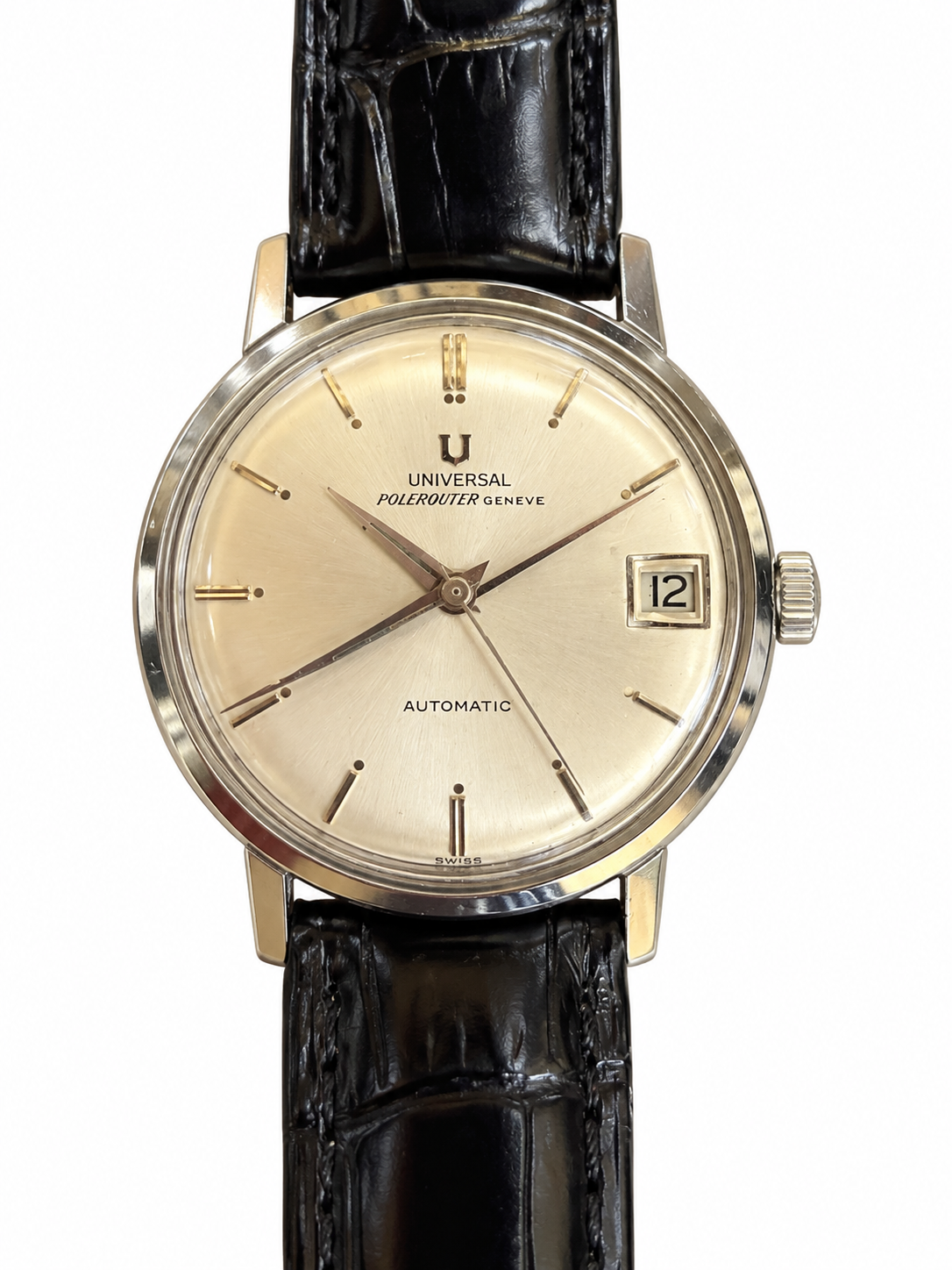 Vintage Universal Genève Polerouter Date Automatic – Gold-Tone – Brown Leather Strap