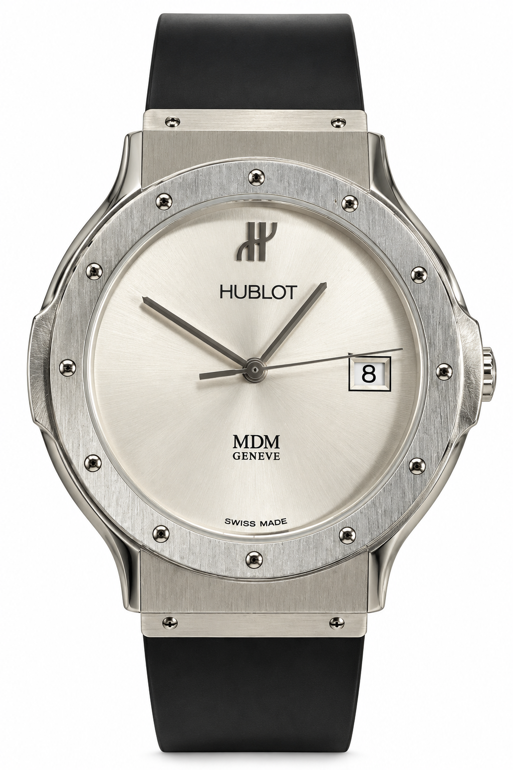 Hublot MDM Genève Classic Stainless Steel Watch – Silver Dial – Black Rubber Strap – Ref. D1523.1