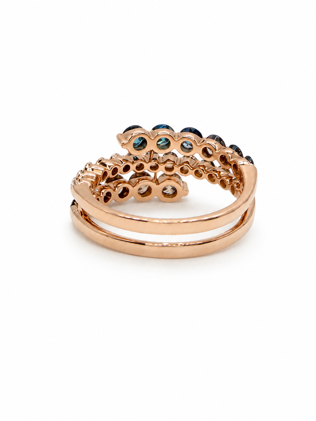 14K Rose Gold Multi-Row Diamond Ring with Blue & Brown Natural Diamonds