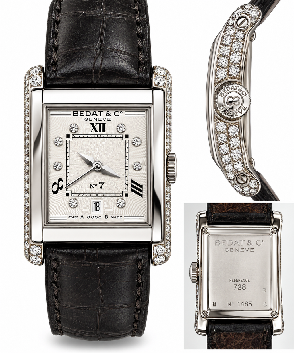 Bedat & Co Genève No. 7 Ladies Diamond Watch – Reference 728 – Stainless Steel – Black Leather Strap