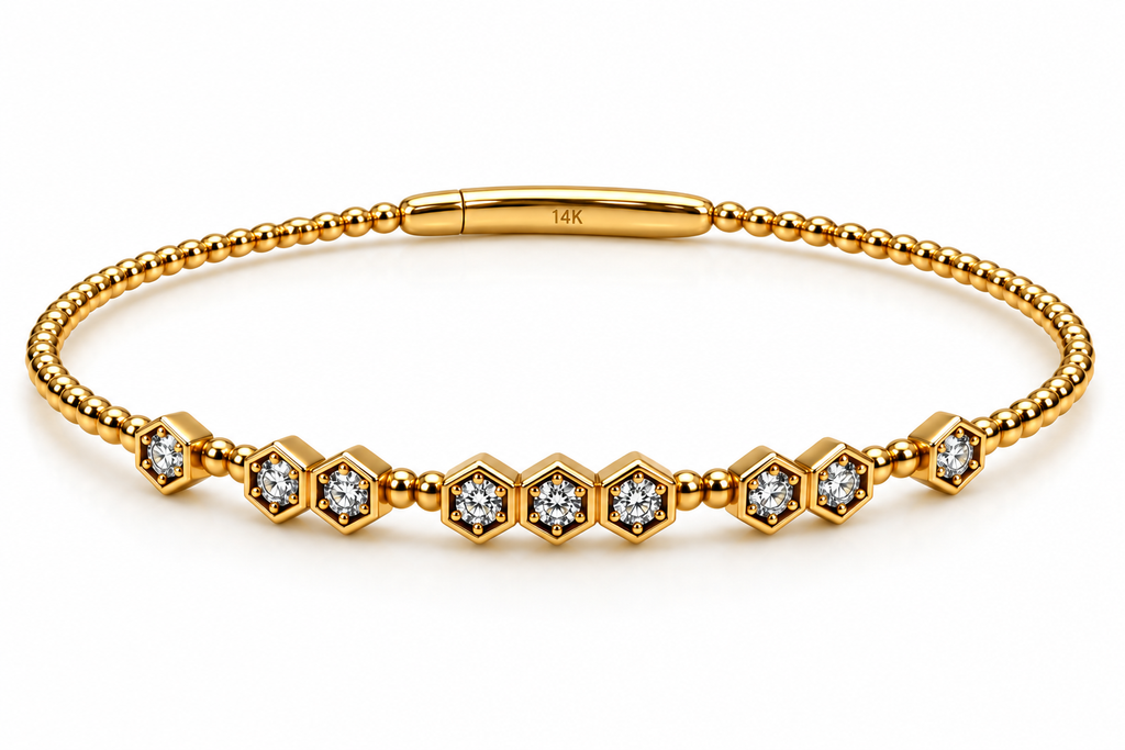 14K Yellow Gold Diamond Hexagon Bangle Bracelet