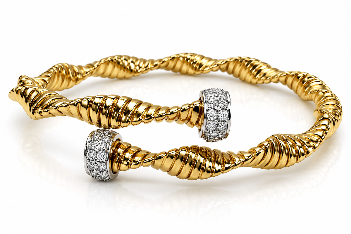 14K Gold 1.00 CTW Diamond Sculpted Twist Bangle – 11.7g
