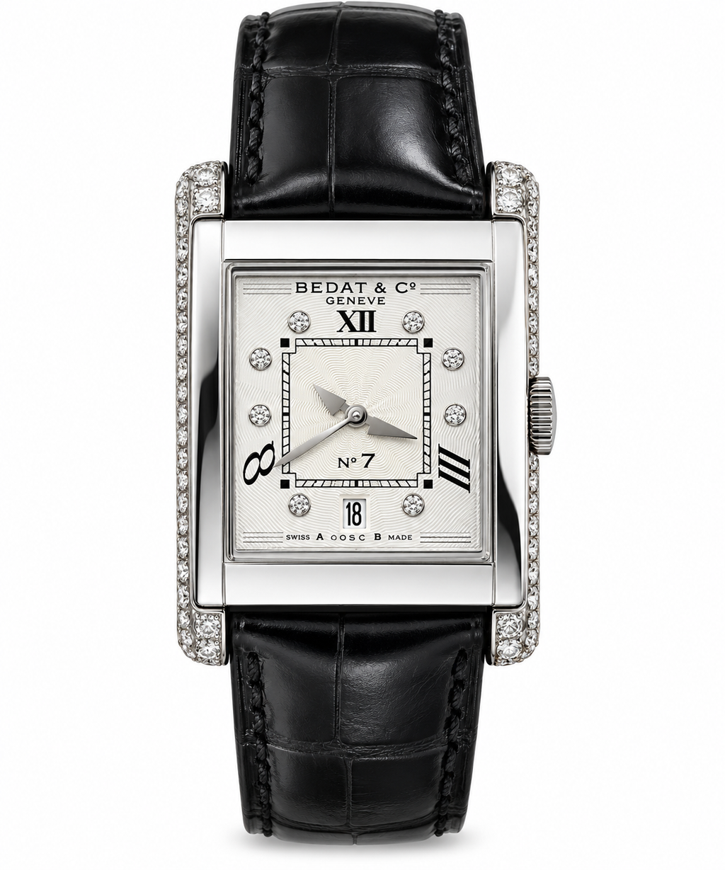 Bedat & Co Genève No. 7 Ladies Diamond Watch – Reference 728 – Stainless Steel – Black Leather Strap