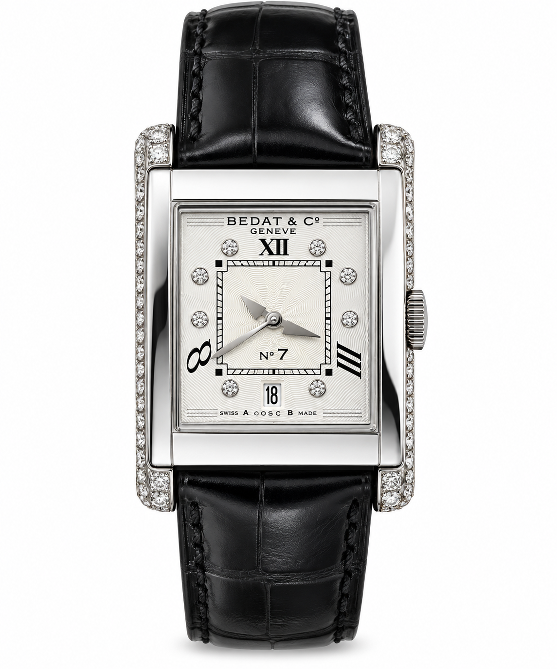 Bedat & Co Genève No. 7 Ladies Diamond Watch – Reference 728 – Stainless Steel – Black Leather Strap
