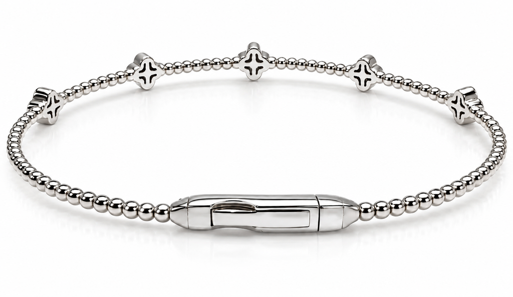 14K White Gold Natural Diamond Clover Bangle Bracelet