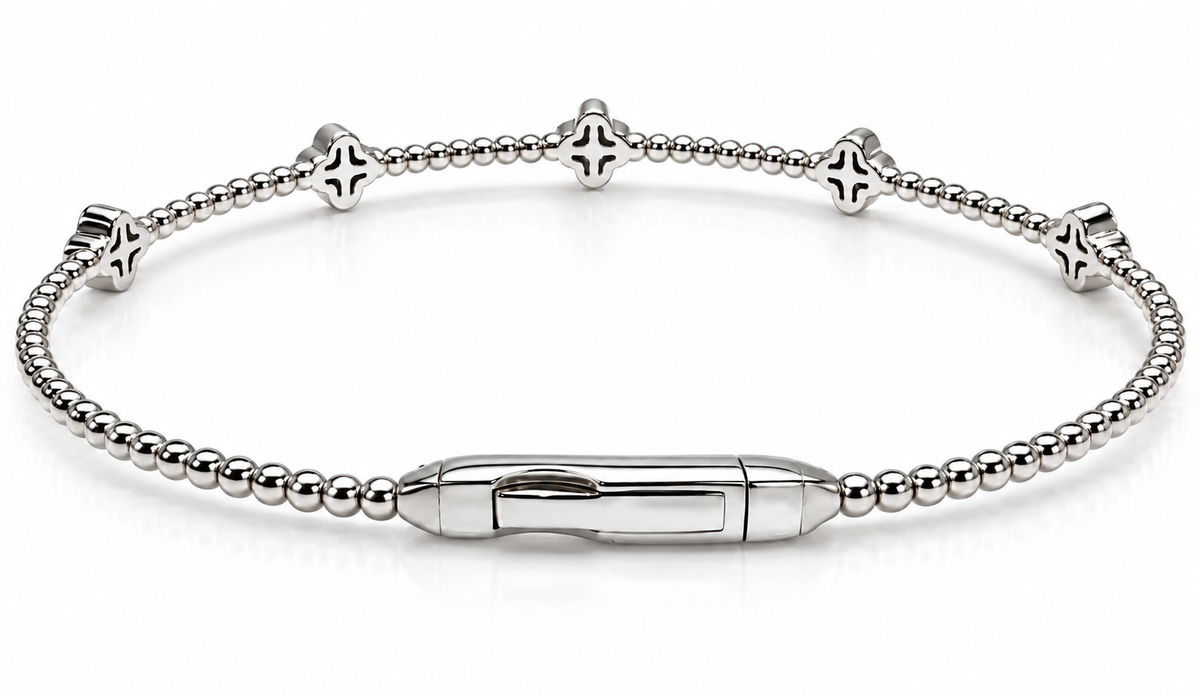 14K White Gold Natural Diamond Clover Bangle Bracelet