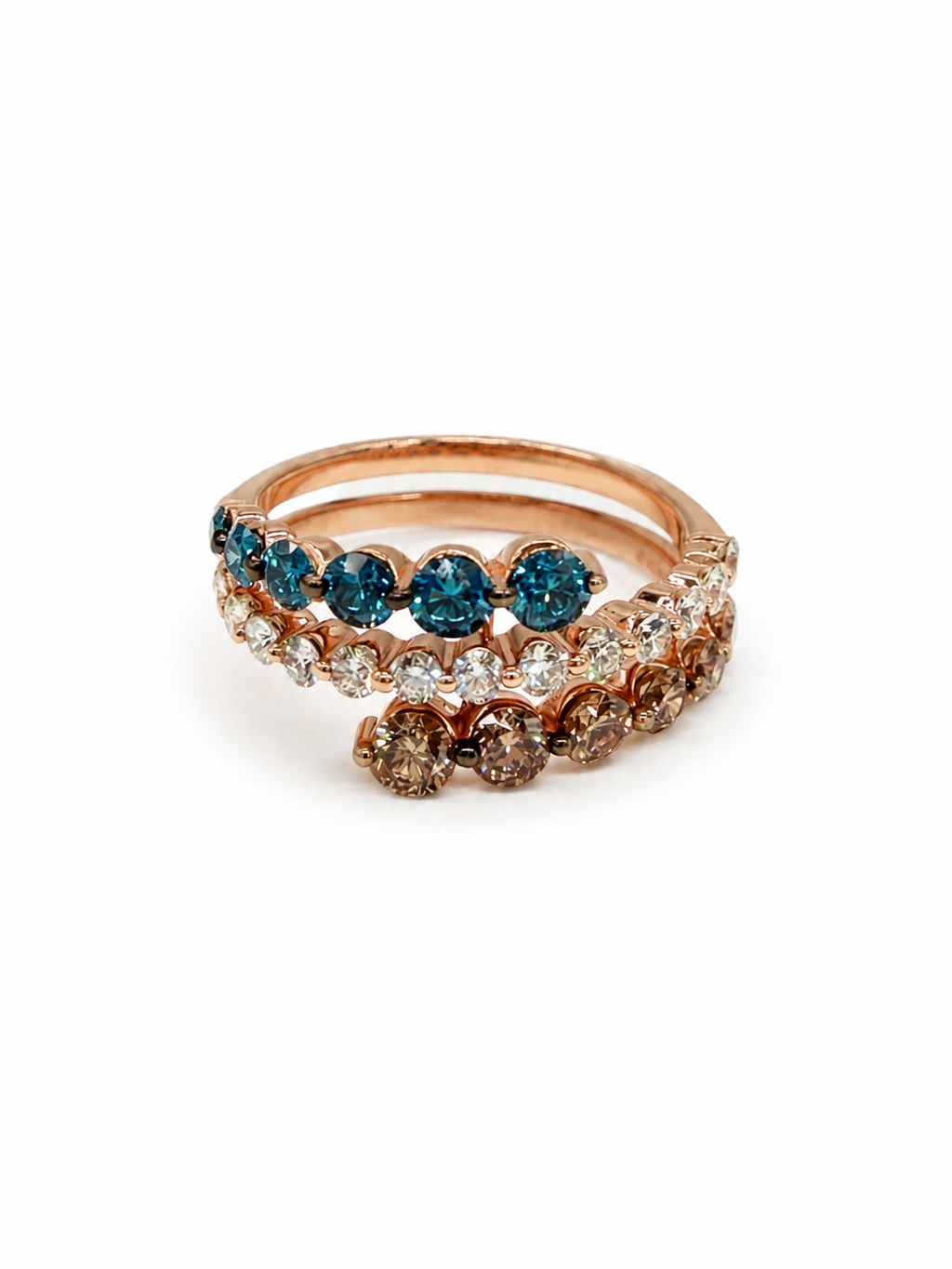 14K Rose Gold Multi-Row Diamond Ring with Blue & Brown Natural Diamonds