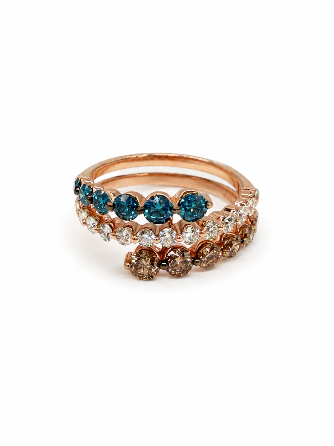 14K Rose Gold Multi-Row Diamond Ring with Blue & Brown Natural Diamonds