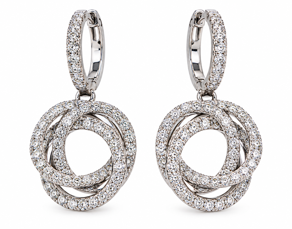 14K White Gold Natural Diamond Interlocking Circle Drop Earrings