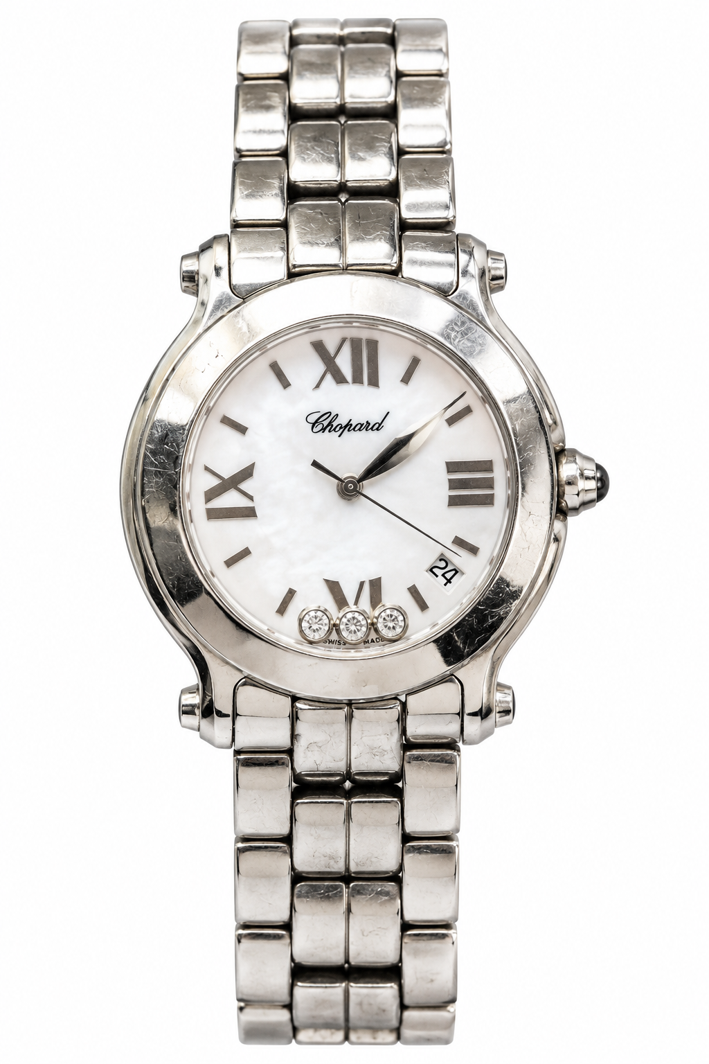 Chopard Happy Sport Stainless Steel Watch – Mother-of-Pearl Dial – 3 Floating Diamonds – Ref. 8475