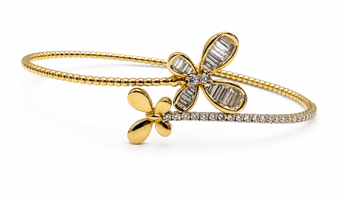 14K Yellow Gold Natural Diamond Flower Open Bangle
