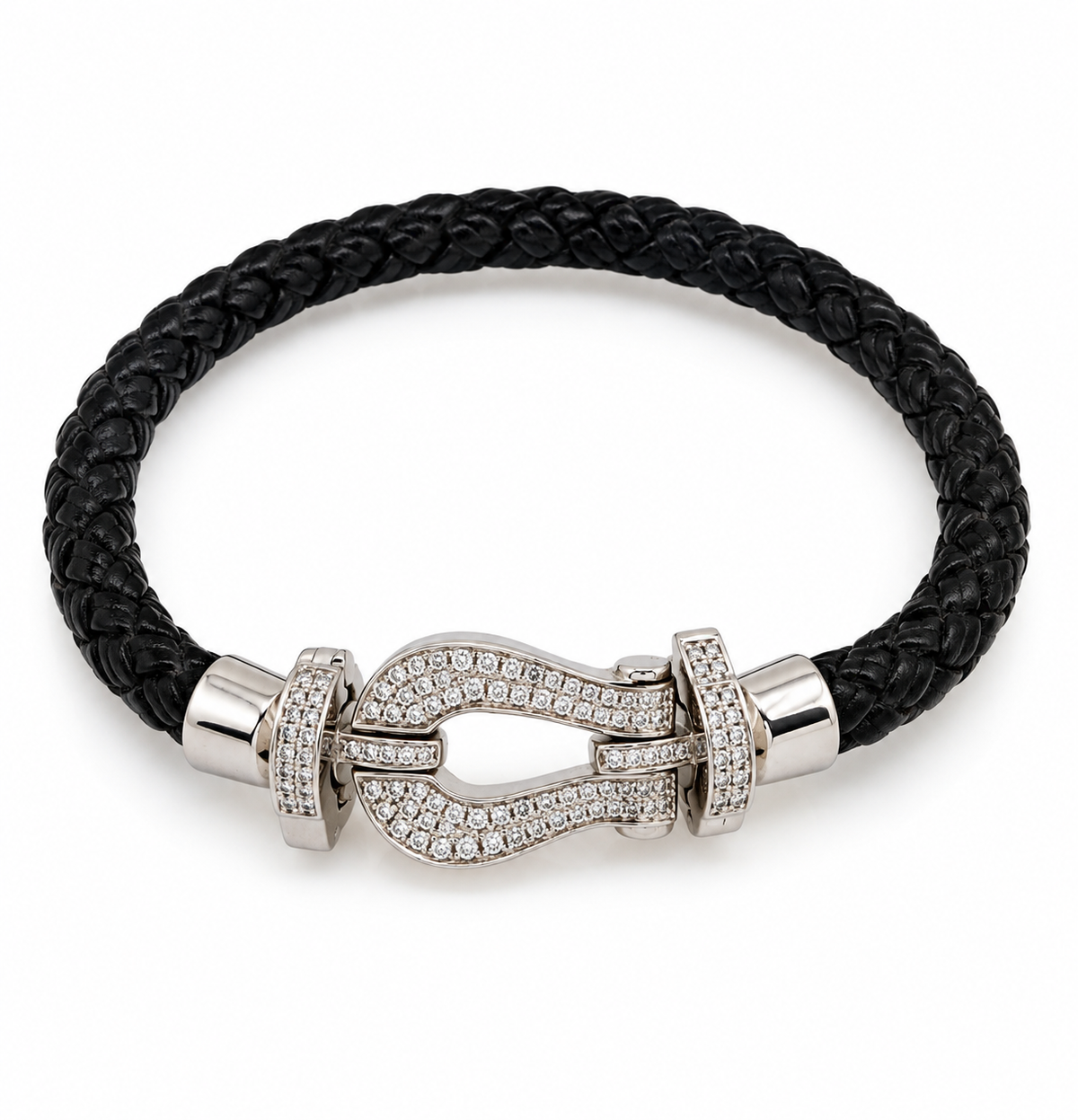 14K White Gold & Natural Diamond Braided Leather Bracelet