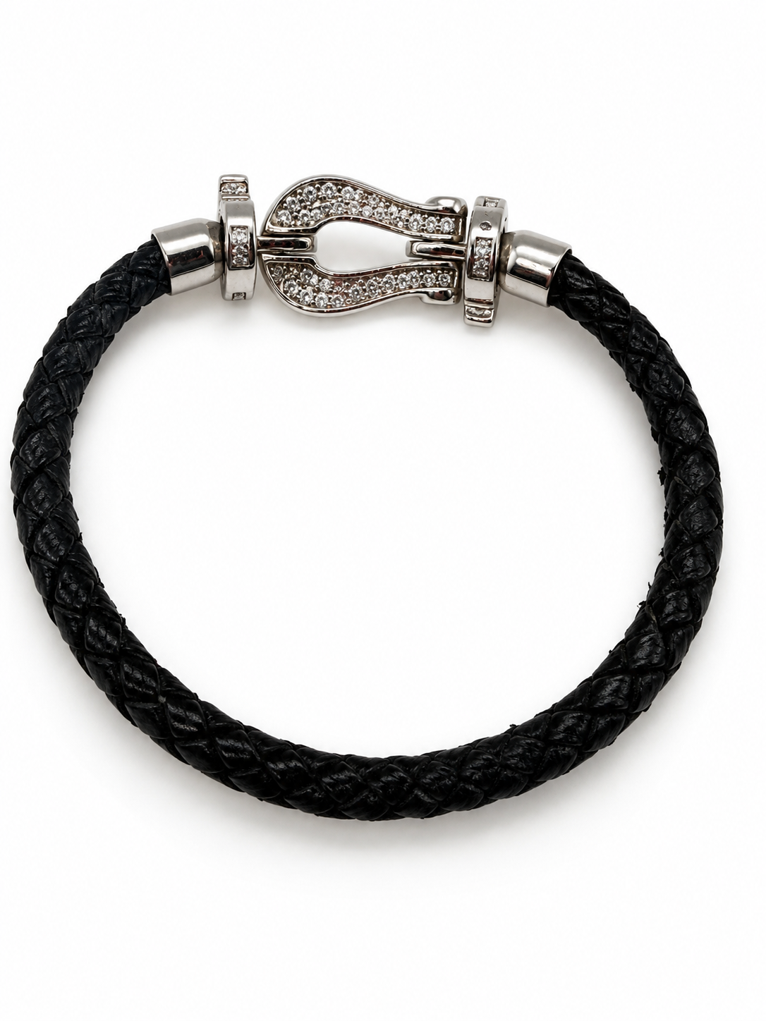 14K White Gold & Natural Diamond Braided Leather Bracelet