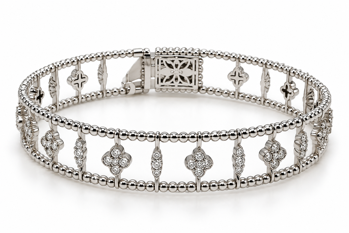 14K White Gold Natural Diamond Openwork Bangle Bracelet