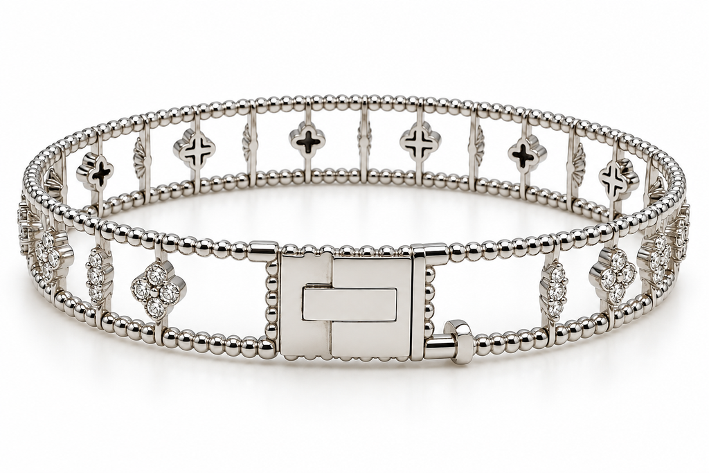 14K White Gold Natural Diamond Openwork Bangle Bracelet