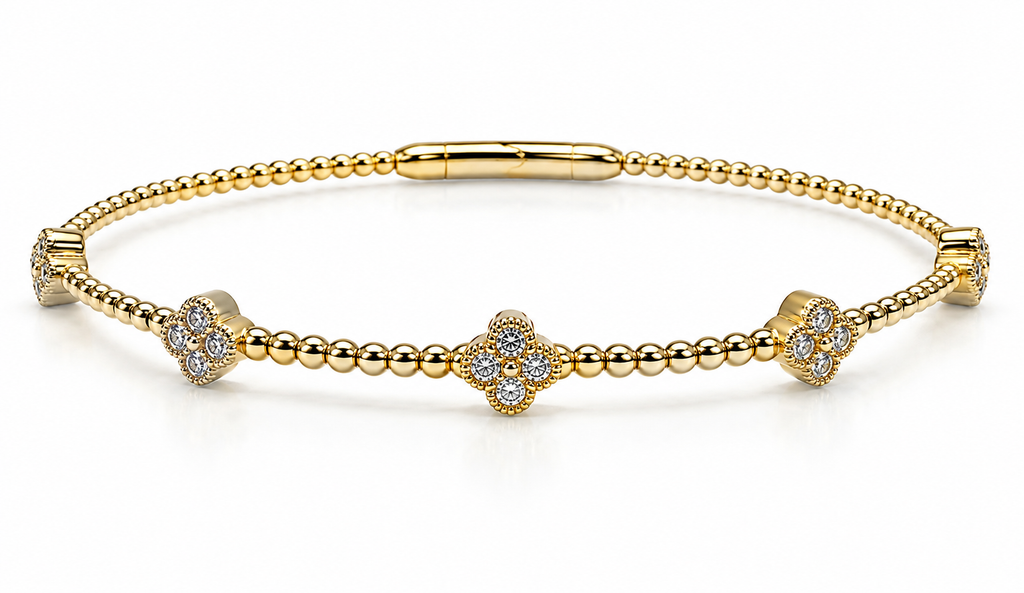 14K Yellow Gold Natural Diamond Clover Bangle Bracelet