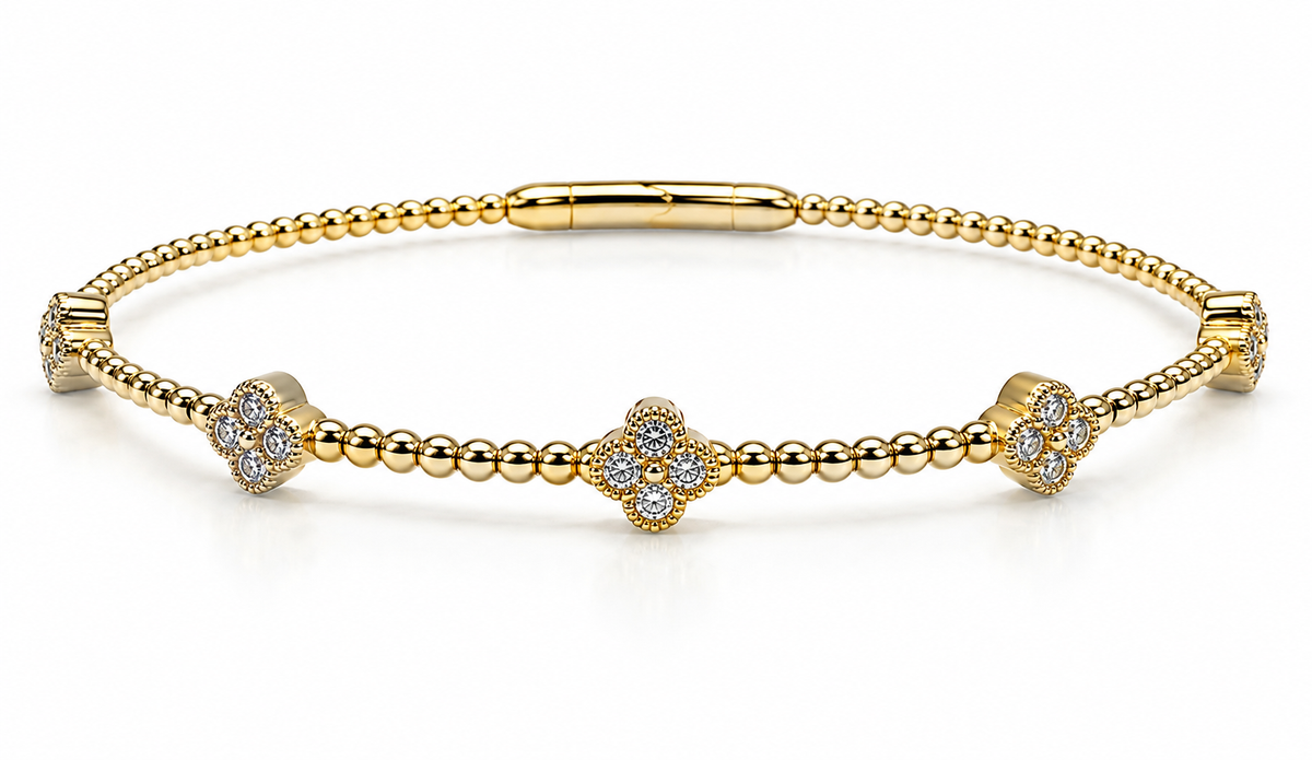 14K Yellow Gold Natural Diamond Clover Bangle Bracelet