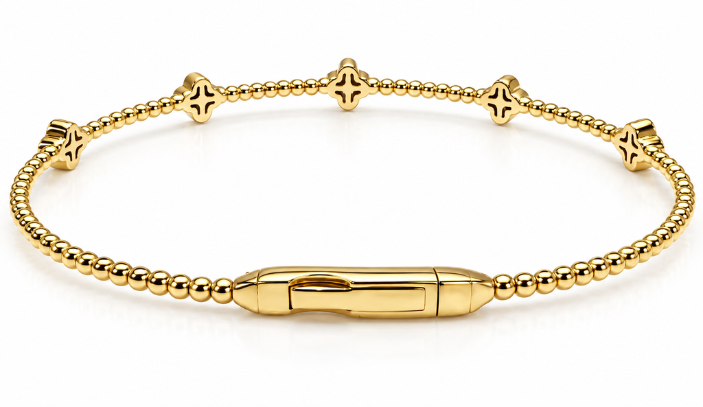 14K Yellow Gold Natural Diamond Clover Bangle Bracelet