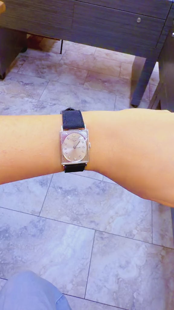 Vintage Longines 14K White Gold Rectangular Watch – Diamond Dial – Black Leather Strap