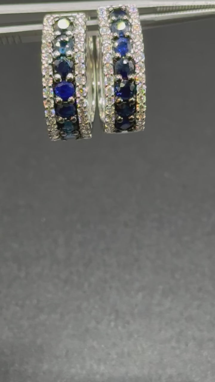 14K White Gold Blue Sapphire & Natural Diamond Earrings