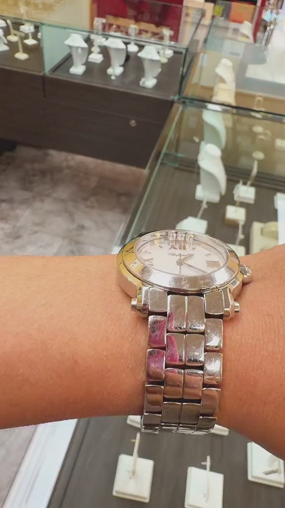 Chopard Happy Sport Stainless Steel Watch – Mother-of-Pearl Dial – 3 Floating Diamonds – Ref. 8475