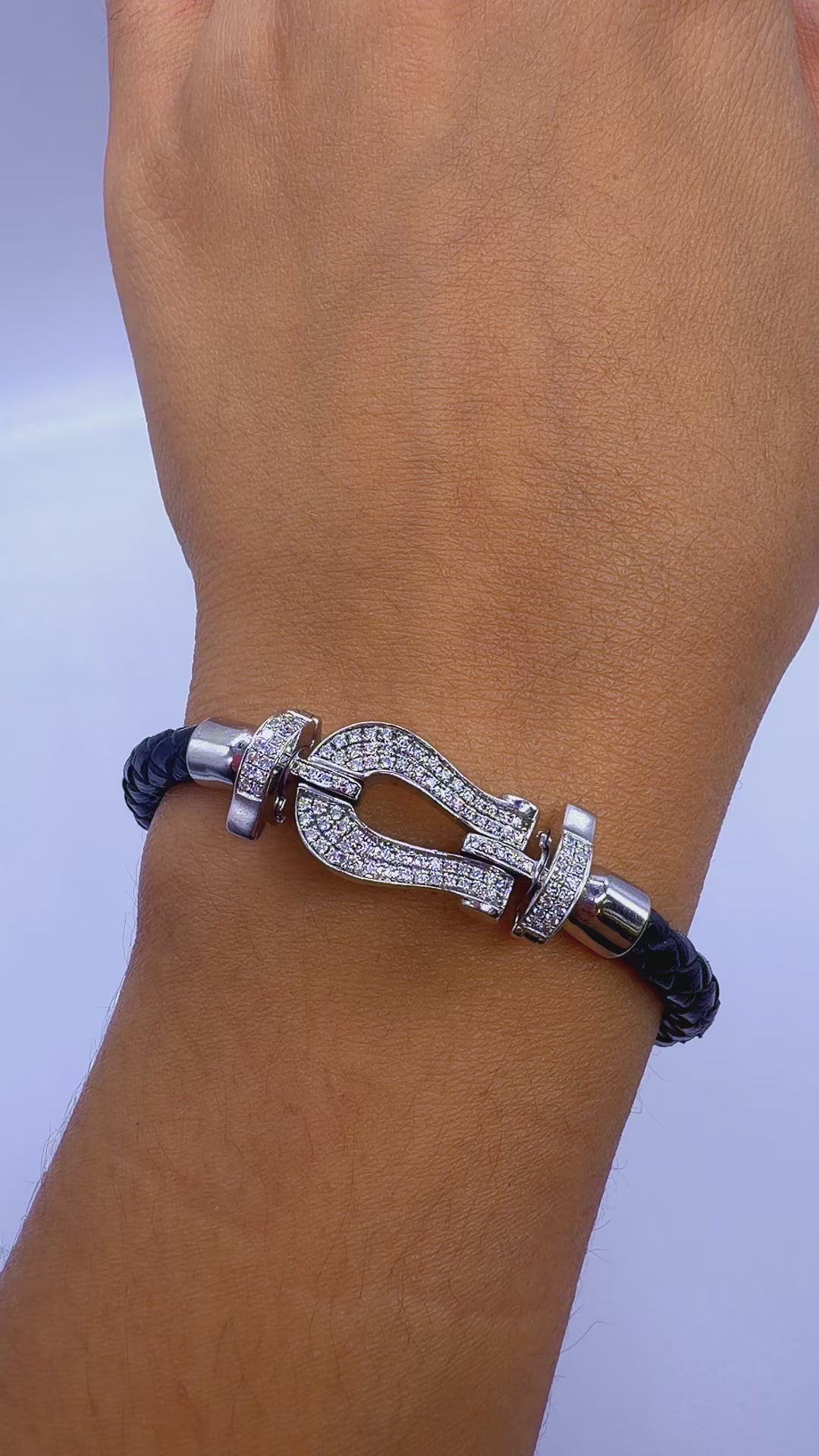 14K White Gold & Natural Diamond Braided Leather Bracelet