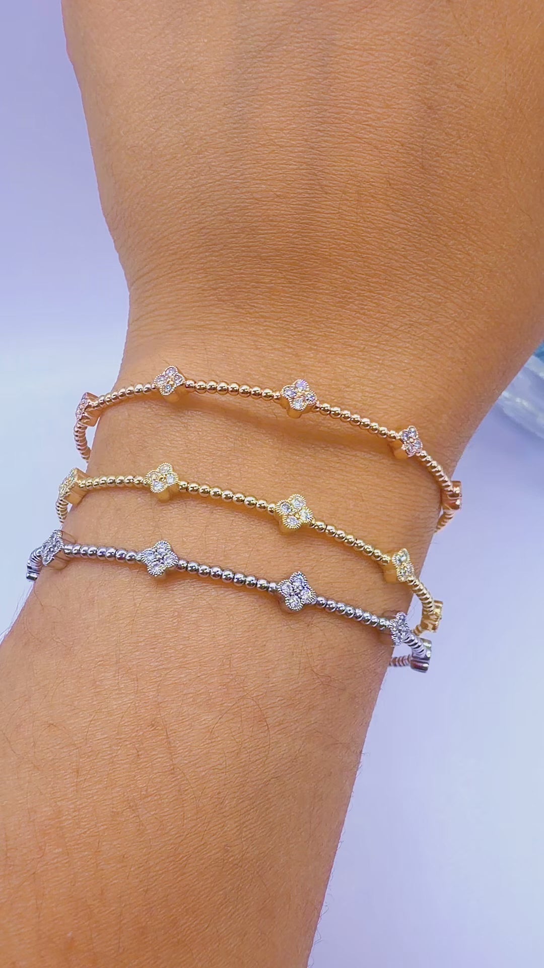 14K ROSE Gold Natural Diamond Clover Bangle Bracelet